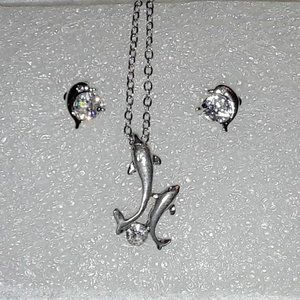 Cute Double Dolphin Rhinestone Necklace & Earrings Set